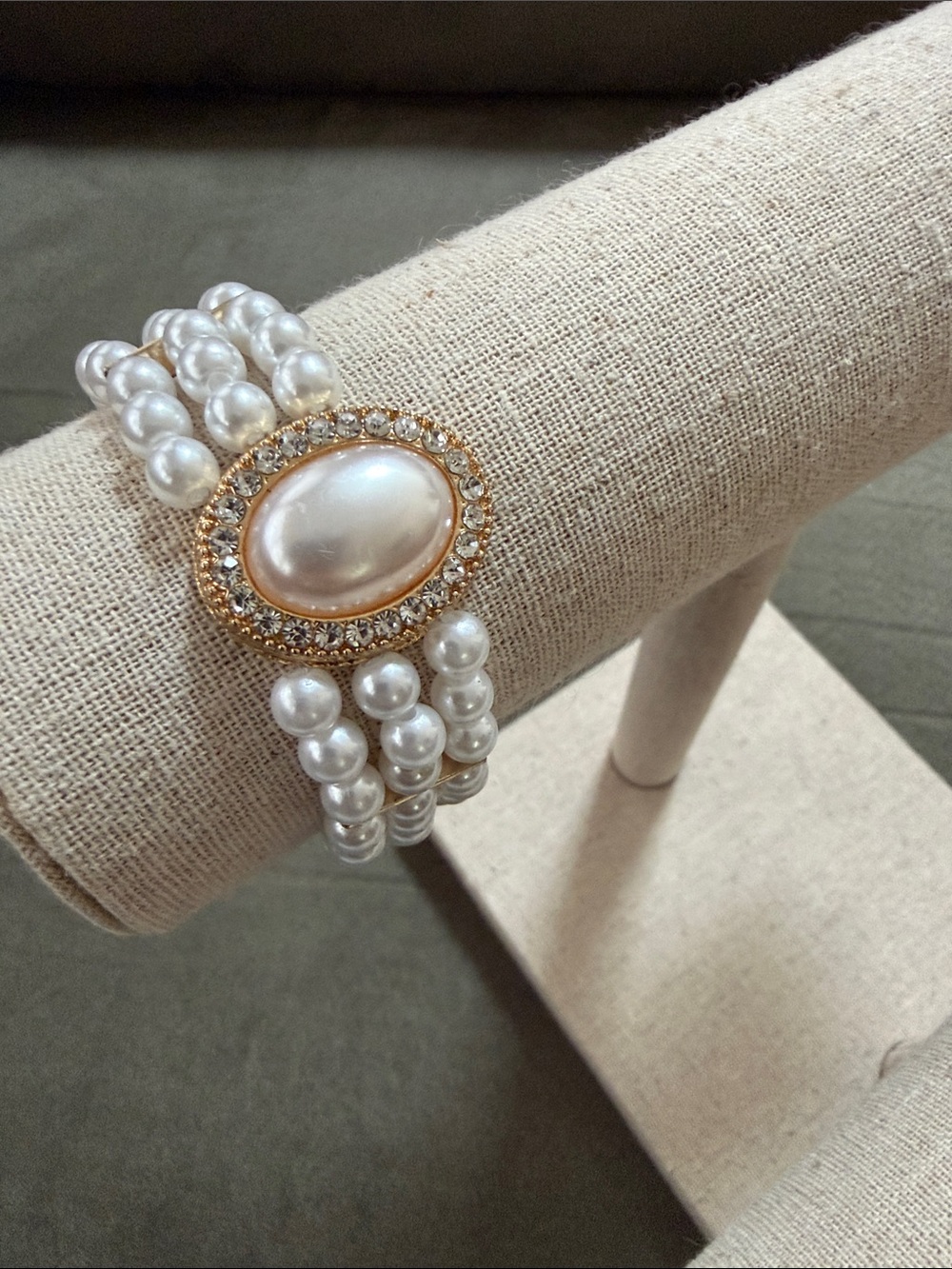 Pearl and Gold Statement Bracelet with Crystal Halo